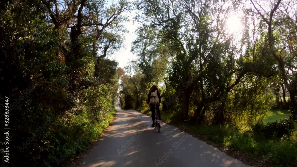 A girl with long hair rides a bicycle on a rural road among fields, forests and meadows. Picturesque countryside. Rural bike ride. Girl with backpack. Alleys, forests and cypresses. Golden light. A girl with long hair rides a bicycle on a rural road among fields, forests and meadows. Picturesque countryside. Rural bike ride. Girl with backpack. Alleys, forests and cypresses. Golden light.