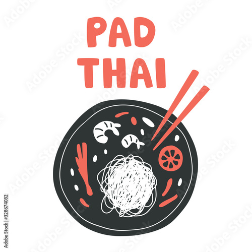 Vector illustration of pad thai noodles with shrimp. Delicious national Thai food concept. Cute artwork in doodle style with plate, noodles, lime and onion isolated on white background