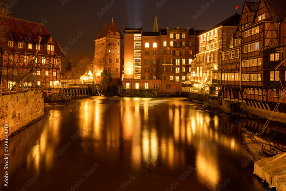 long exposure shot of .half-timbered houses in lüneburg at night, schleswig-holstein, germany