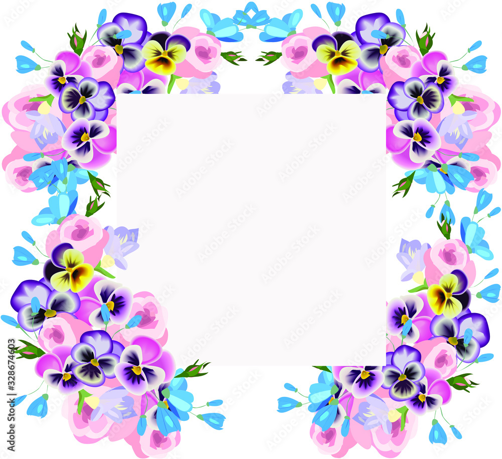 Vector greeting or invitation card with violets roses and blue flowers