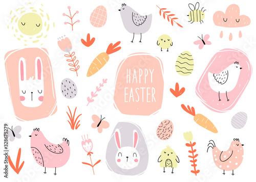 Vector color hand-drawn children’s cute easter set with hens, bunny, easter eggs carrots, butterfly and flowers in scandinavian style on a white background. Easter set. Spring. Happy easter.