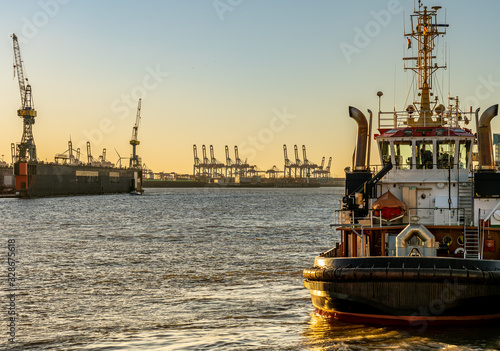 ship at bridge 10 famous fish buns at landungsbrücken in Hamburg, germany