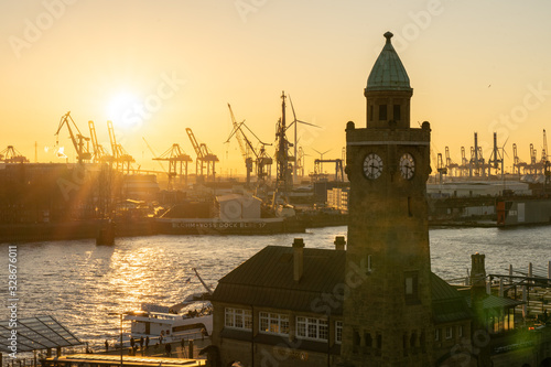 landungsbrücken at sunset in Hamburg, germany