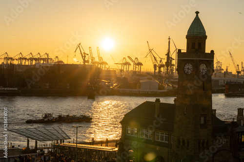 landungsbrücken at sunset in Hamburg, germany