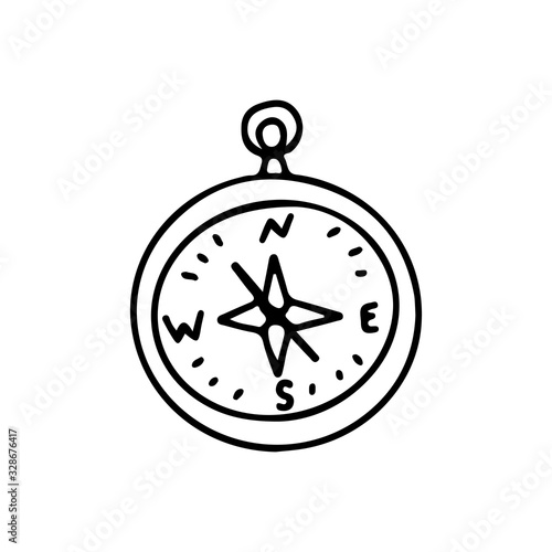Doodle style compass on an isolated white background. Travel, camping. Stock vector illustration.