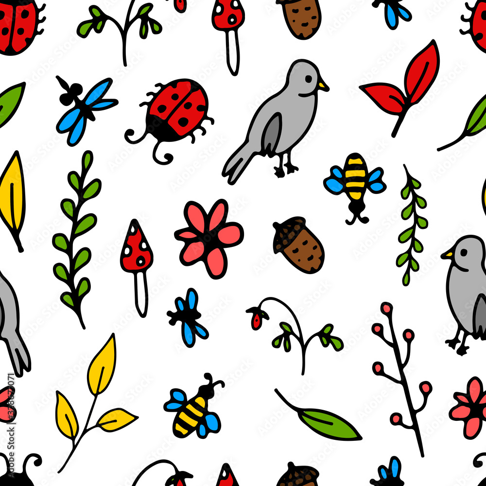 Seamless pattern in cartoon style. Bird, branches, berries, insects, leaves on an isolated white background. Nature, forest holidays, camping. Stock vector illustration Seamless pattern in cartoon style. Bird, branches, berries, insects, leaves on an isolated white background. Nature, forest holidays, camping. Stock vector illustration