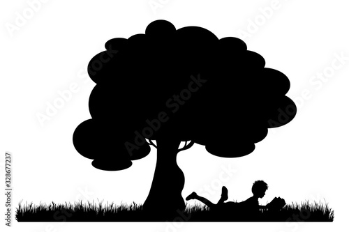 Vector silhouette of boy lying under tree and read book on white background. Symbol of nature and rest.