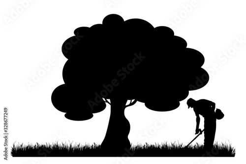 Vector silhouette of man that mows the grass on white background. Symbol of nature and work.