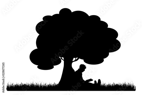 Vector silhouette of man sitting under tree and read book on white background. Symbol of nature and rest.