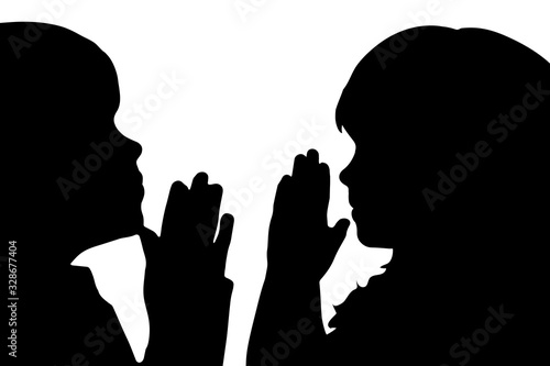 Vector silhouette of anonymous children who pray on white background. Symbol of people and religion.