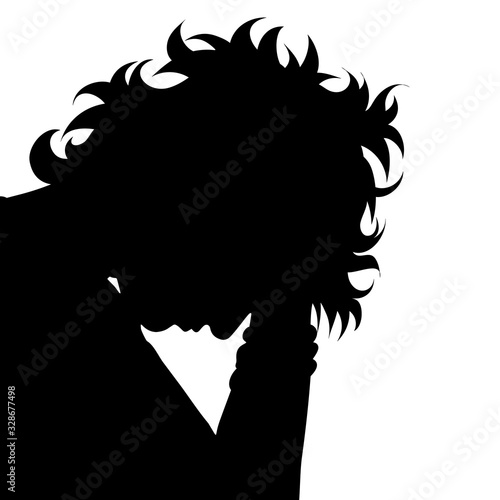 Vector silhouette of anonymous woman in stress on white background. Symbol of people and hopelessness.