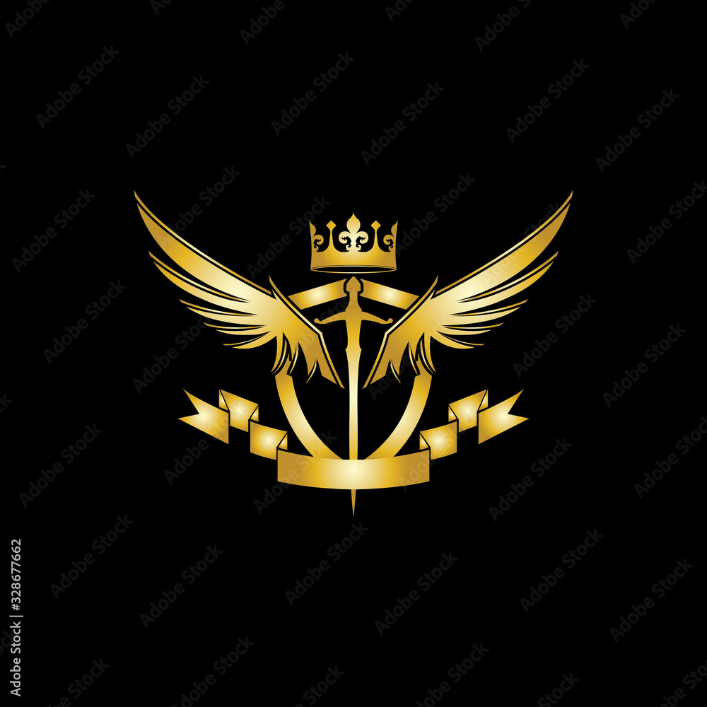 Heraldic Composition with crown, swords, wings, shield and ribbon. Heraldic Composition with crown, swords, wings, shield and ribbon.