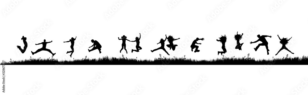 Vector silhouette of jumping people in nature on white background. Symbol of sport.