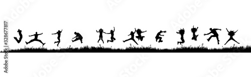 Vector silhouette of jumping people in nature on white background. Symbol of sport.