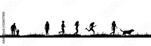 Vector silhouette of people in nature on white background. Symbol of sport.