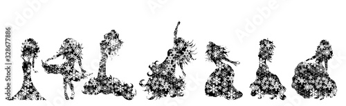 Collection of vector illustration different snowy bride. Symbol of winter and wedding.