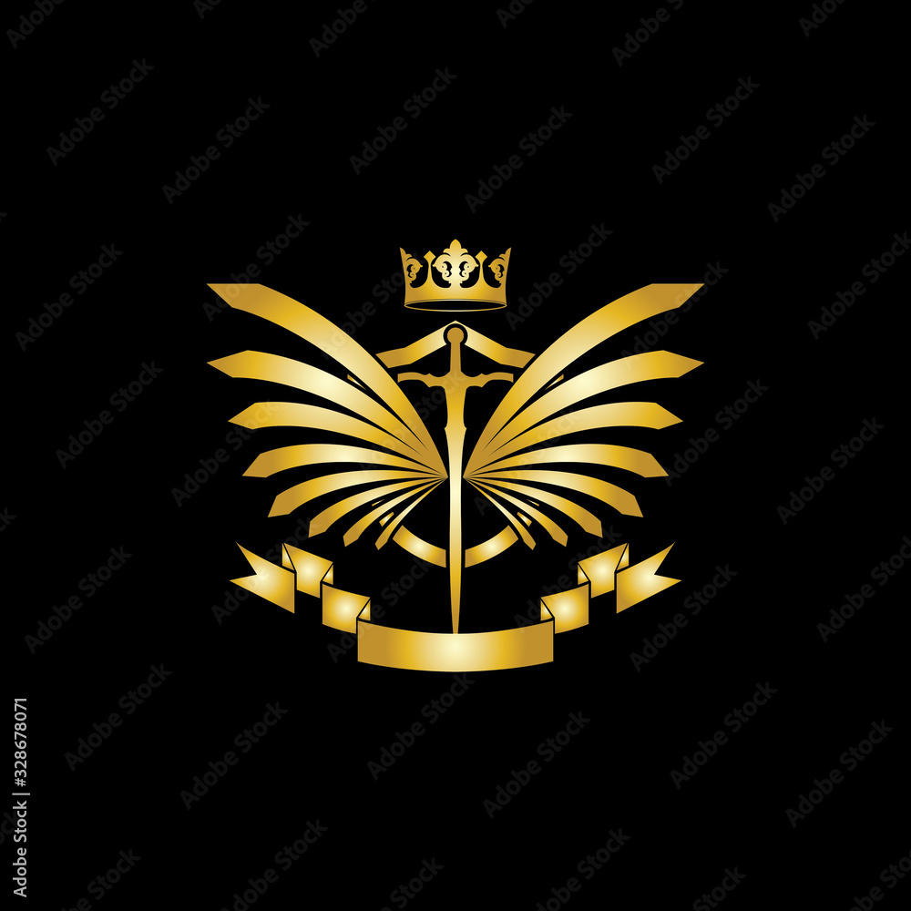 Heraldic Composition with crown, swords, wings, shield and ribbon. Heraldic Composition with crown, swords, wings, shield and ribbon.