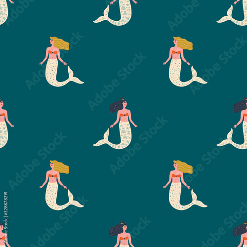 Vector seamless pattern with cute flat mermaids and seaweed in pastel color. Beautiful girl character. Sea princess art