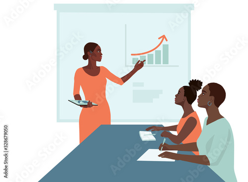 Flat hand drawn young african business women, teamwork, female portrait