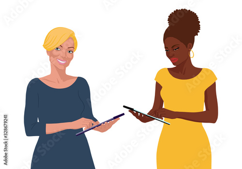 Flat hand drawn african and european business women, female portrait