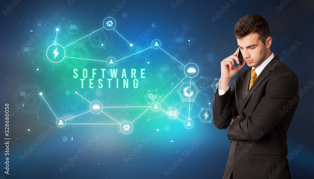 Businessman in front of cloud service icons with SOFTWARE TESTING inscription, modern technology concept Businessman in front of cloud service icons with SOFTWARE TESTING inscription, modern technology concept