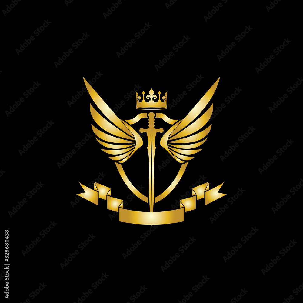 Heraldic Composition with crown, swords, wings, shield and ribbon. Heraldic Composition with crown, swords, wings, shield and ribbon.