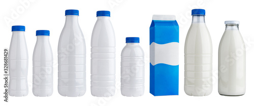 Obraz na plátně Packaging for dairy products, plastic and glass bottles for milk isolated on whi