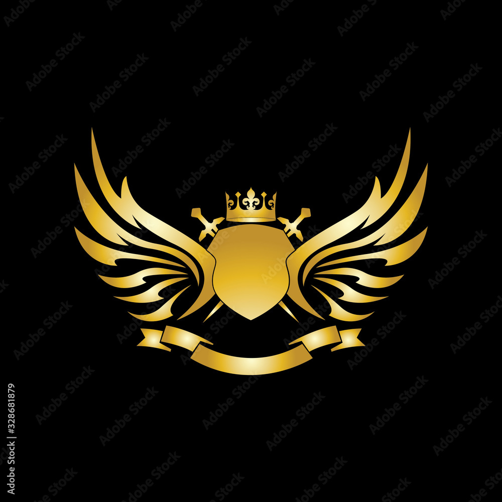 Obraz premium Heraldic Composition with crown, swords, wings, shield and ribbon.
