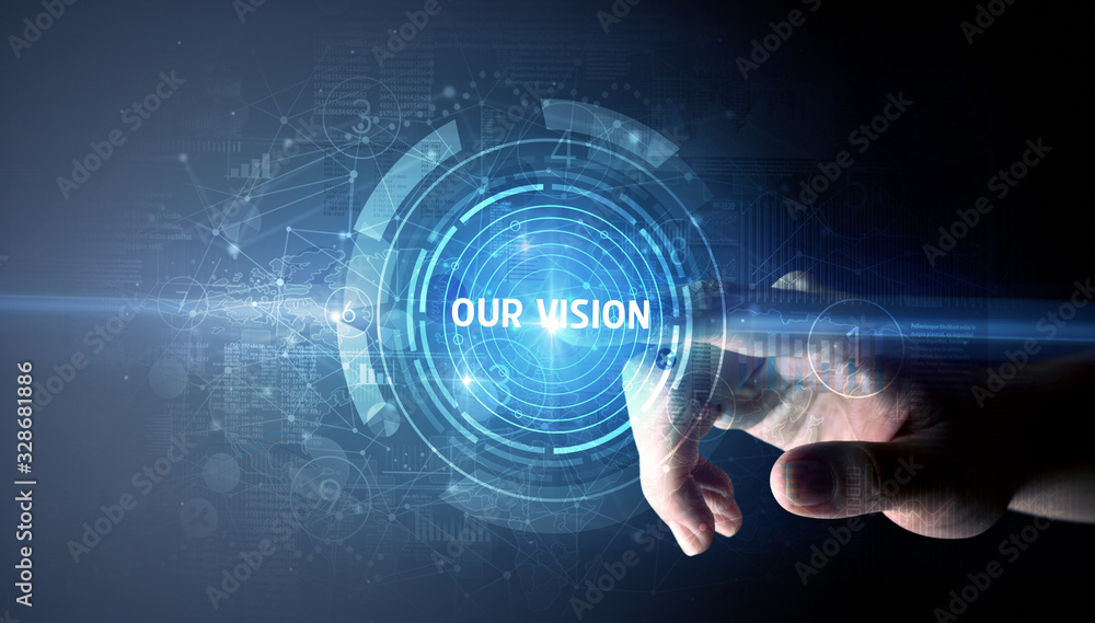 Hand touching OUR VISION button, modern business technology concept Hand touching OUR VISION button, modern business technology concept