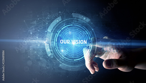 Hand touching OUR VISION button, modern business technology concept