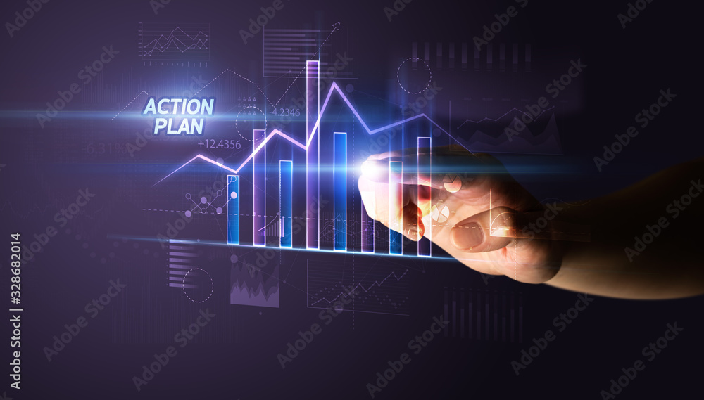 Hand touching ACTION PLAN button, business concept Hand touching ACTION PLAN button, business concept
