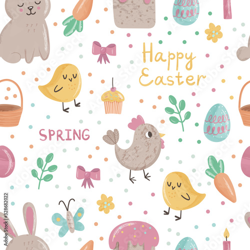 Seamless pattern cute Easter cartoon characters and design elements. Easter bunny, butterfly, pie, chicken, chick, egg and carrot, lettering. Vector illustration on white.