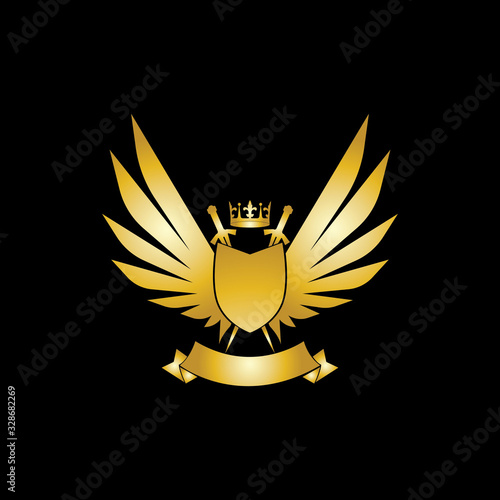 Heraldic Composition with crown, swords, wings, shield and ribbon.