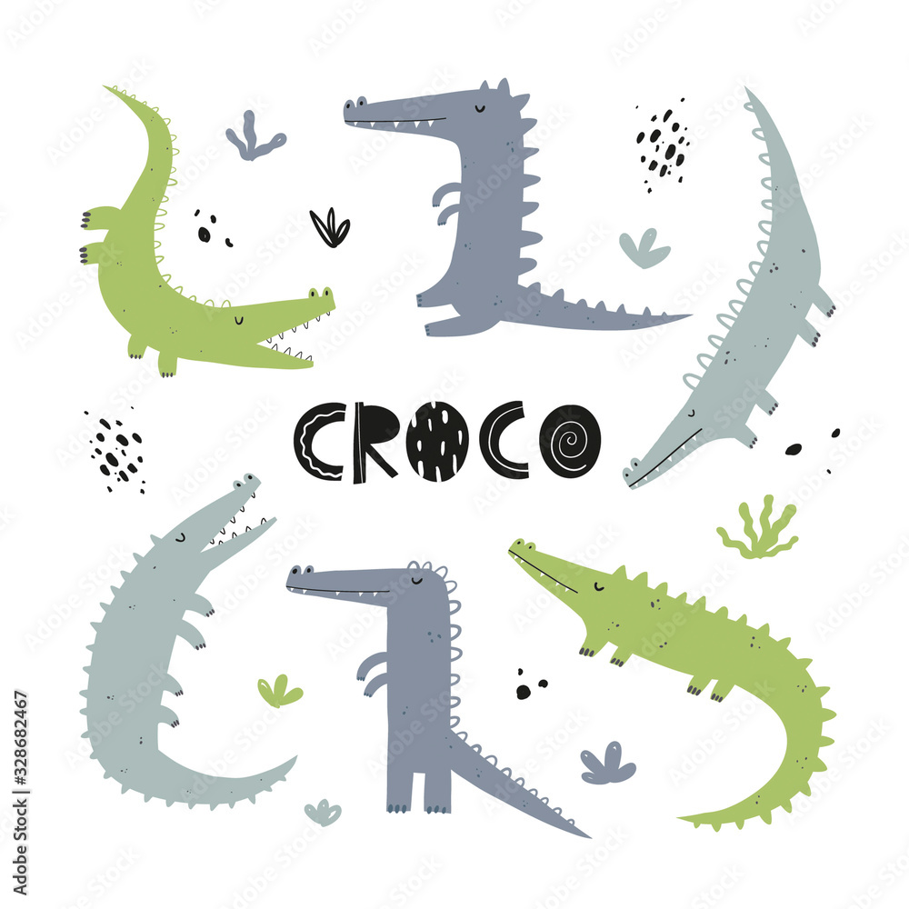Fototapeta premium Vector hand-drawn color children's simple flat set with crocodiles in Scandinavian style on a white background. Baby crocodiles on a white background. Cute animals. Reptile. Set of crocodiles. 