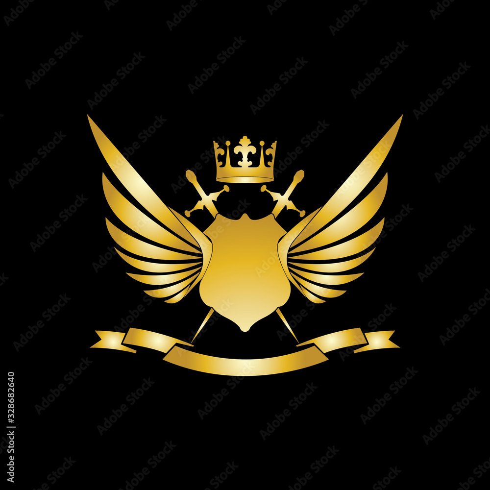 Heraldic Composition with crown, swords, wings, shield and ribbon. Heraldic Composition with crown, swords, wings, shield and ribbon.