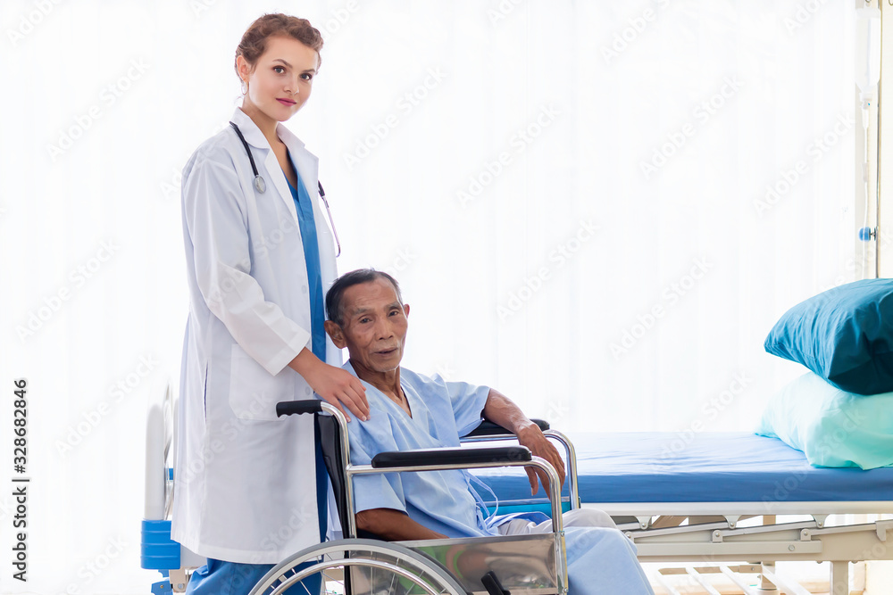 Woman Caucasian professional doctor reassuring and discussing with patient in the hospital room. Woman Caucasian professional doctor reassuring and discussing with patient in the hospital room.