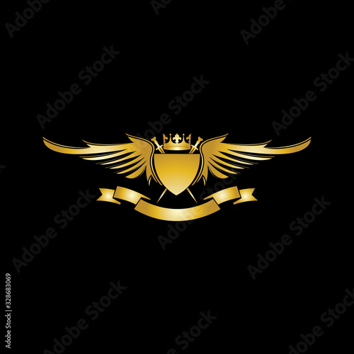 Heraldic Composition with crown, swords, wings, shield and ribbon.