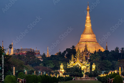 Illuminated Shwedagon Pagoda at twilight