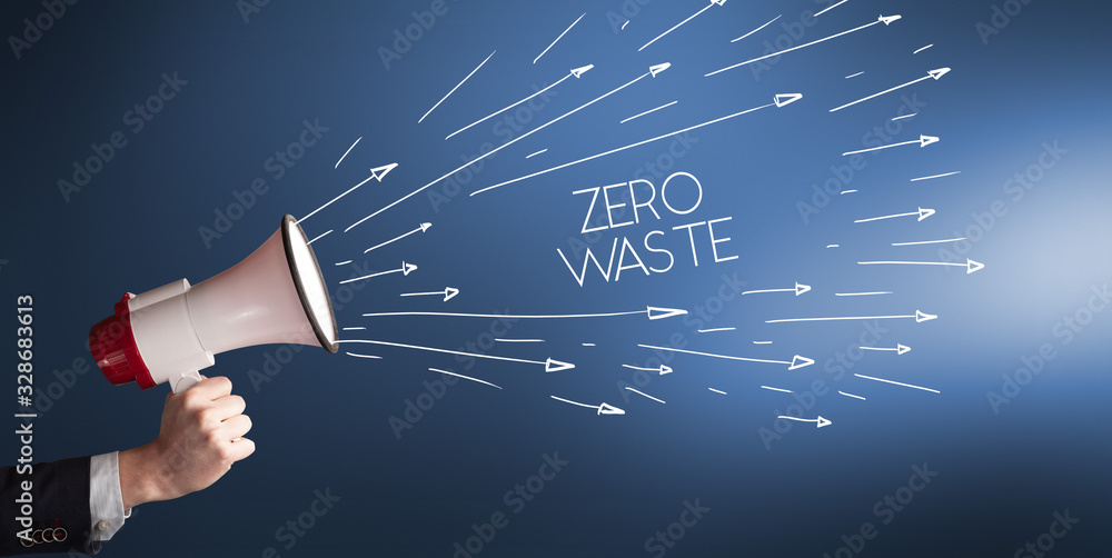 Young girl screaming to megaphone with ZERO WASTE inscription, shopping concept Young girl screaming to megaphone with ZERO WASTE inscription, shopping concept