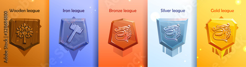 Leagues shields of rating icons for mobile game. UI victory trophy copcept. Score achievements icons. Golden bronze silver wood iron leagues with dragon. Epic gamer set. Isolated vector illustration
