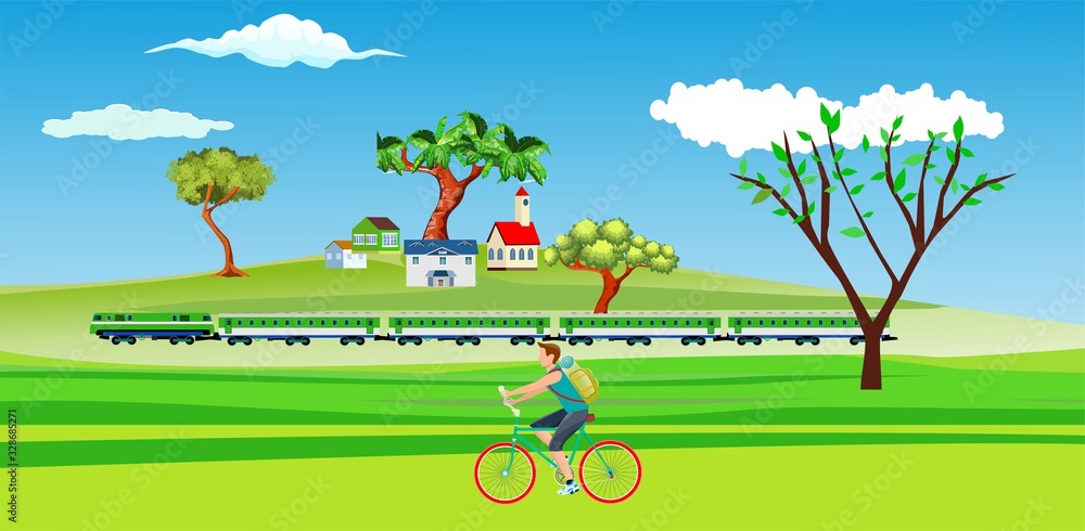 Flat vector illustration of countryside landscape  with cyclist travellers, train, houses , family houses in small town and mountain in background.