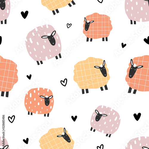 Vector seamless repeating hand-drawn color kids flat pattern with cute lambs and hearts in Scandinavian style on a white background. Baby seamless pattern with sheep. Cute baby animals.