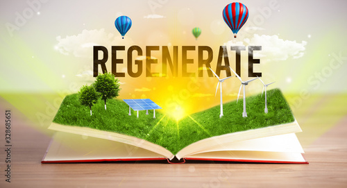 Open book with REGENERATE inscription, renewable energy concept