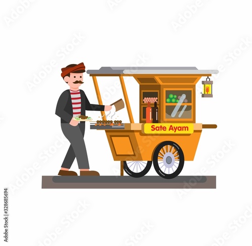 Man selling satay chicken indonesian traditional food in cart cartoon flat illustration vector isolated in white background