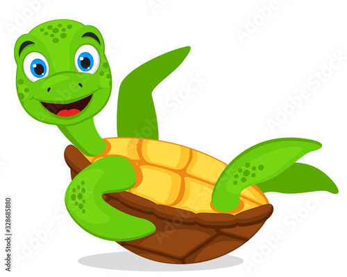 Turtle lies upside down and waves its fin on a white background. Character