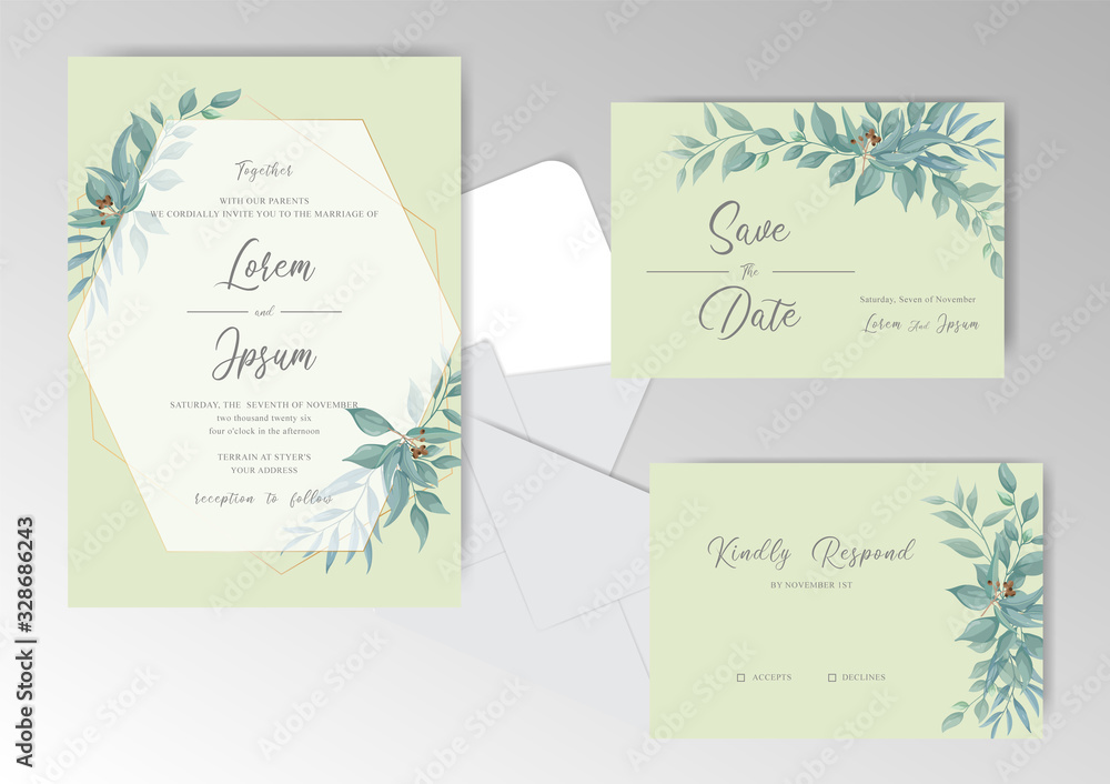 Elegant Wedding Invitation Cards Template with Foliage