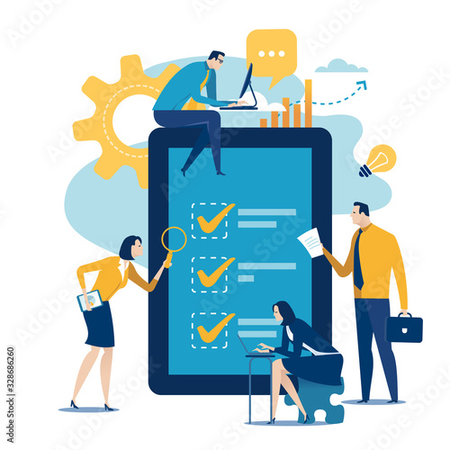 Checklist. Team of four workers and checklist vector illustration