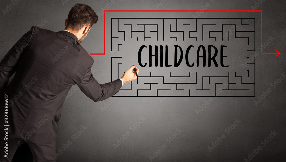 businessman drawing maze with CHILDCARE inscription, business education concept