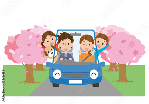 ドライブ　旅行　家族　ファミリー　楽しい　嬉しい　にぎやか　桜　春