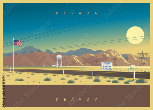 Obraz na płótnie Evening landscape of Nevada, USA. Symbolic vector illustration of an interstate highway of the American South State w salonie
